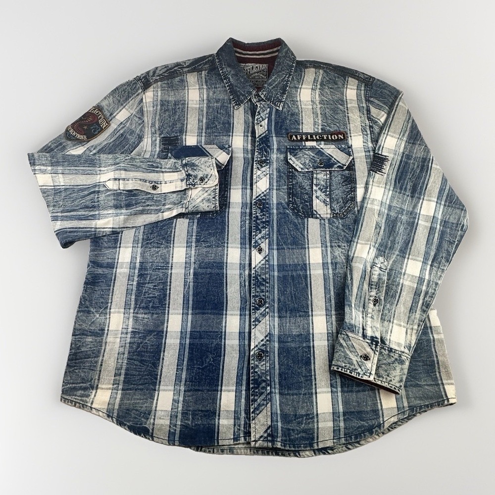 Affliction Black Premium 2XL Blue Plaid Acid Wash Button Up Y2K Biker Western